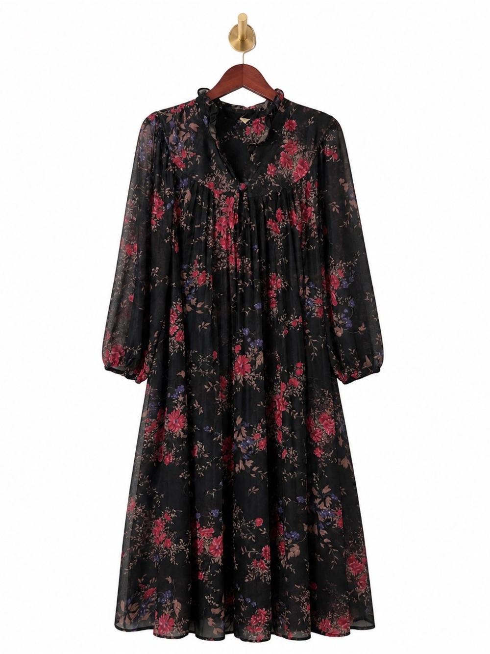 Vintage Black Floral Chiffon Dress Boho Cottagecore Sheer Midi Flowy Size 24 1/2